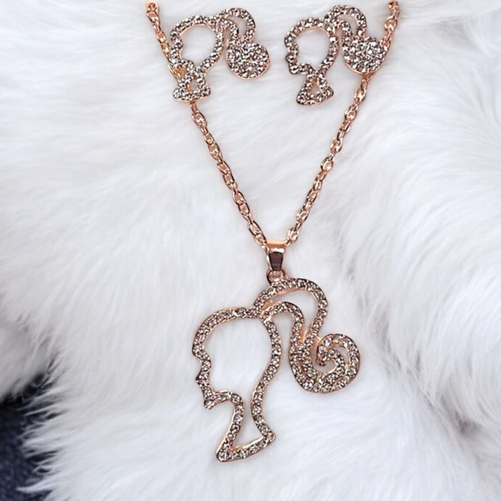 White Rhinestone Barbie Gold Tone Necklace And Earrings Set NWT